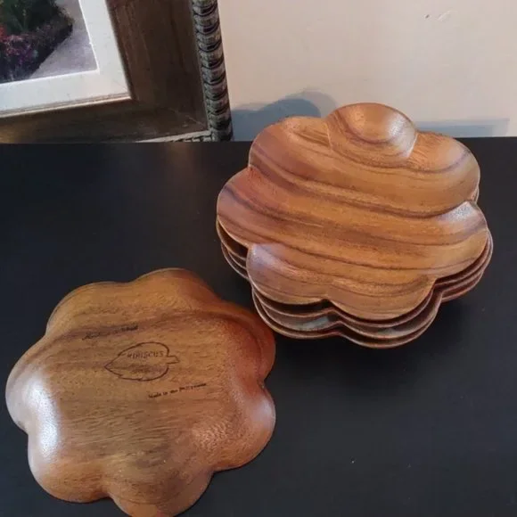 Vintage Monkey Pod Wood 5pc Small Scalloped Bowls by Hibiscus - Picture 3 of 6